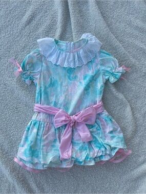 Abella Pastel Blue & Pink Ruffled Collar Dress with Pink Sash